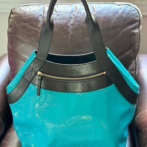 Kate Spade Leather Bag Tote Bag Brown & Teal Patent – Excellent Condition